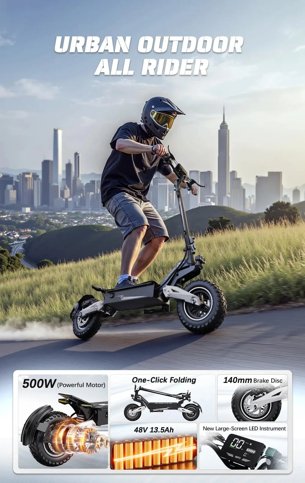 OOTD Adult E-Scooter T10 900W Power 48V13.5Ah LED Display Electric Scooter 11-inch Off-Road Vacuum Tire Foldable EScooters