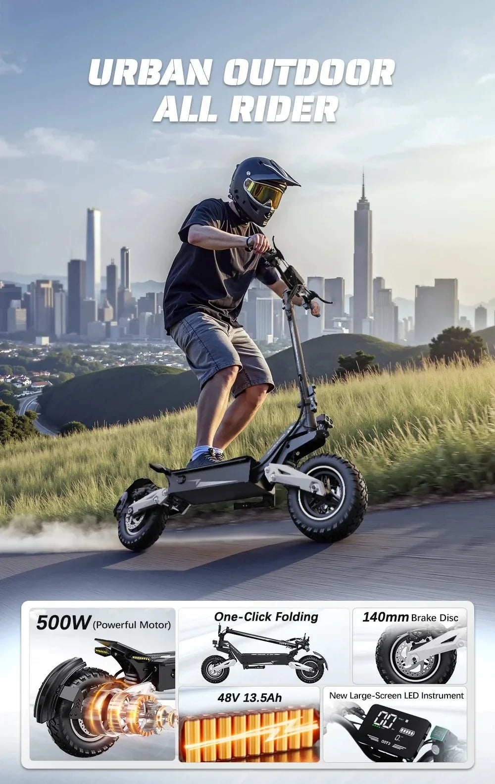 OOTD Adult E-Scooter T10 900W Power 48V13.5Ah LED Display Electric Scooter 11-inch Off-Road Vacuum Tire Foldable EScooters