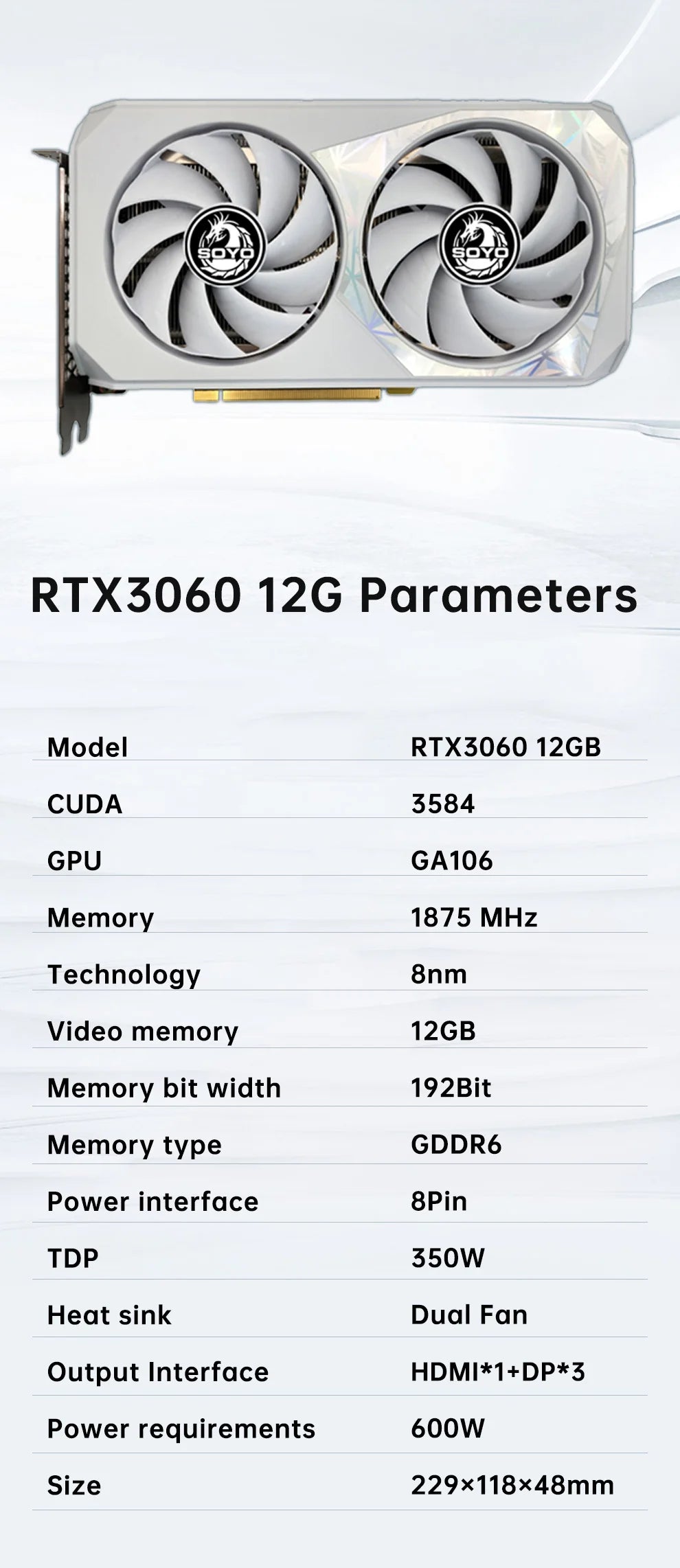 SOYO New Gaming Graphics Cards NVIDIA GeForce RTX 3060 12GB GDDR6 192 Bit Desktop GPU Video Card Computer components