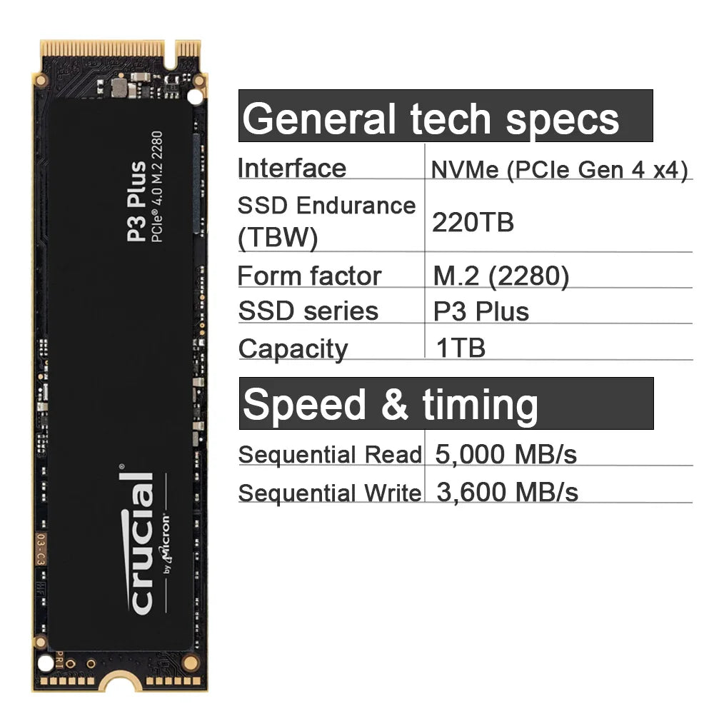Crucial P3 Plus 1TB 2TB PCIe Gen4 3D NAND NVMe M.2 SSD, Up to 5000MB/s Solid State Drive for Gaming PC and Laptop(OEM Package)