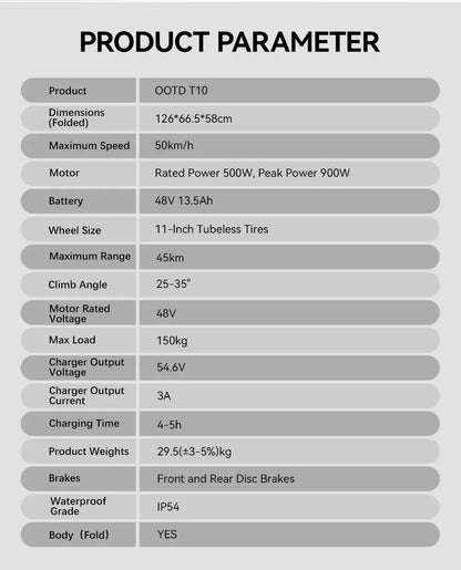OOTD Adult E-Scooter T10 900W Power 48V13.5Ah LED Display Electric Scooter 11-inch Off-Road Vacuum Tire Foldable EScooters