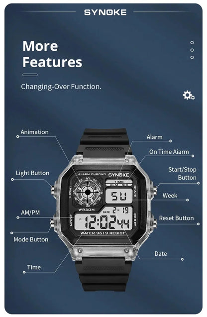 SYNOKE Digital Watches Men Sports Luminous Multifunction Waterproof Chrono Wristwatch Outdoor and Running Student Seven Lights