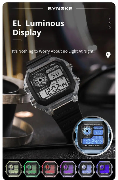 SYNOKE Digital Watches Men Sports Luminous Multifunction Waterproof Chrono Wristwatch Outdoor and Running Student Seven Lights