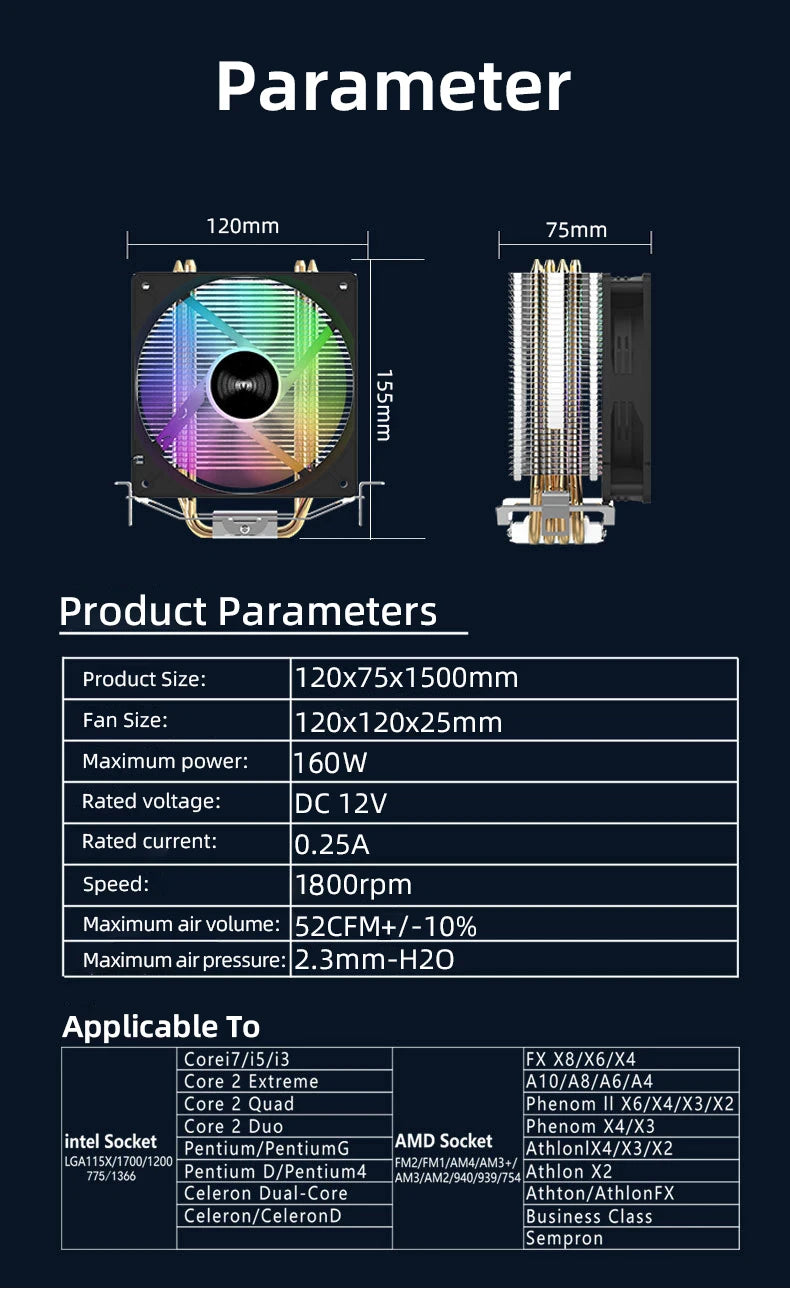 TEUCER CPU Cooler 4 Heat Pipes PC Radiator Cooling 3PIN PWM Silent Rgb Fan For Intel 1700 1150 1155 1156 1366 AM2/AM3/AM4 AMD