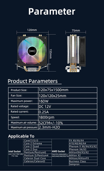 TEUCER CPU Cooler 4 Heat Pipes PC Radiator Cooling 3PIN PWM Silent Rgb Fan For Intel 1700 1150 1155 1156 1366 AM2/AM3/AM4 AMD
