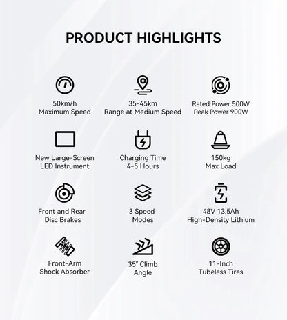 OOTD Adult E-Scooter T10 900W Power 48V13.5Ah LED Display Electric Scooter 11-inch Off-Road Vacuum Tire Foldable EScooters