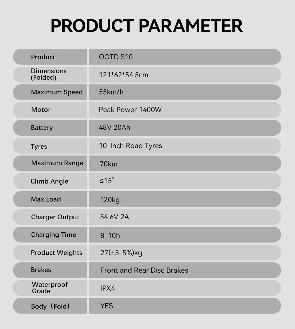 OOTD S10 E-Scooter 1400W Brand Motor 48V20AH Battery City Off-Road Electric Scooter Adult 10-inch Road Tires Foldable EScooters