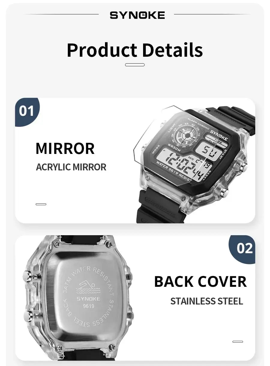 SYNOKE Digital Watches Men Sports Luminous Multifunction Waterproof Chrono Wristwatch Outdoor and Running Student Seven Lights