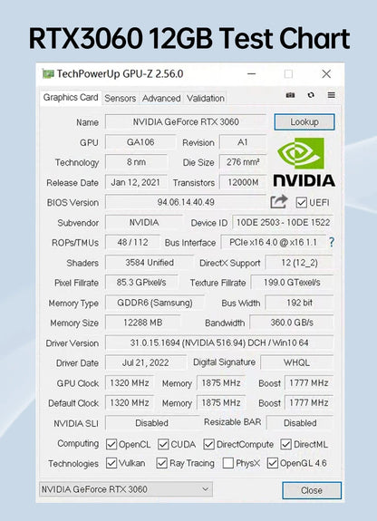 SOYO New Gaming Graphics Cards NVIDIA GeForce RTX 3060 12GB GDDR6 192 Bit Desktop GPU Video Card Computer components