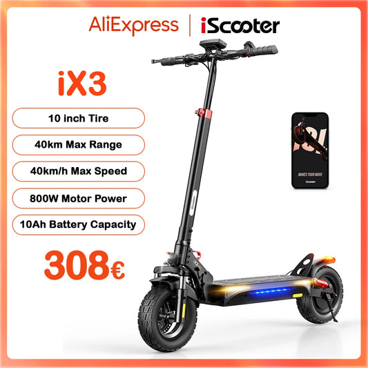 iScooter iX3 800W Powerful Electric Scooter 40KM Range 10inch Off Road Tire Electric Kick Scooter 10Ah 40KM/H Scooter for Adults