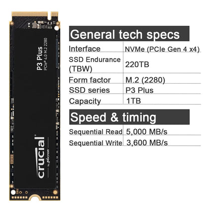 Crucial P3 Plus 1TB 2TB PCIe Gen4 3D NAND NVMe M.2 SSD, Up to 5000MB/s Solid State Drive for Gaming PC and Laptop(OEM Package)